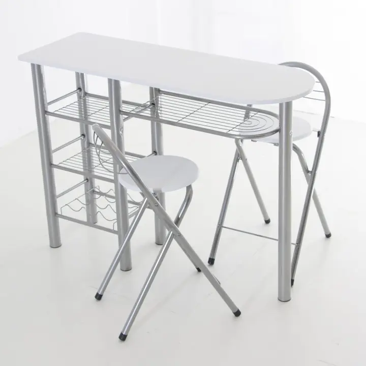 Conjunto Mesa de Cocina Bar Ahorra Espacio | Estructura Metálica y Tabla de Madera Blanca | 4 Estantes + 2 Taburetes Plegables Blancos - 1