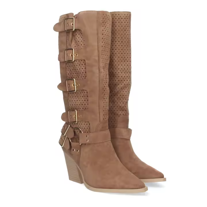 PuntoSalao Botas altas de tacón medio con hebillas estilo motero mujer color camel L1000 - 1