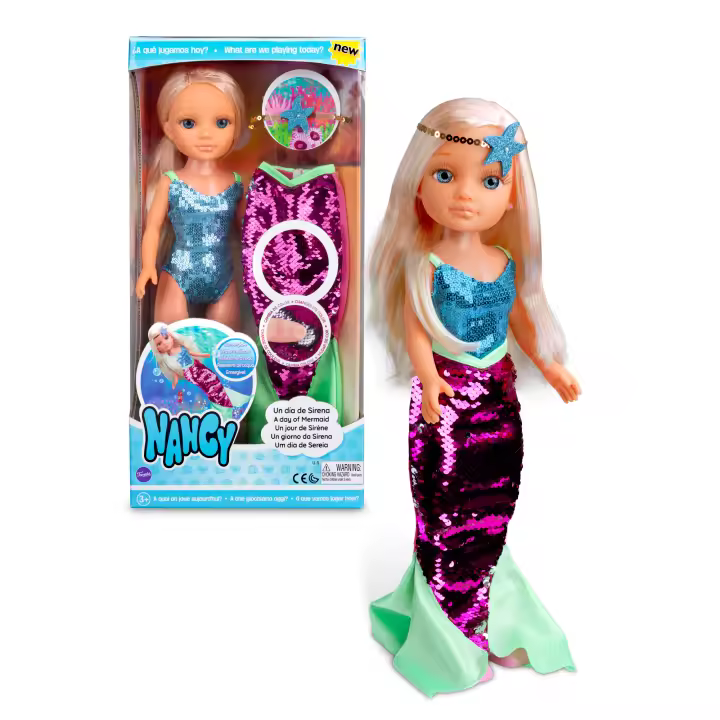 Nancy - Un Día de Sirena, Juguete Infantil muñeca con un Traje de baño y un Vestido de Cola de Sirena de Lentejuelas Reversibles Que Cambia de Color, Sumergible en el Agua, Famosa (700014762) - 1
