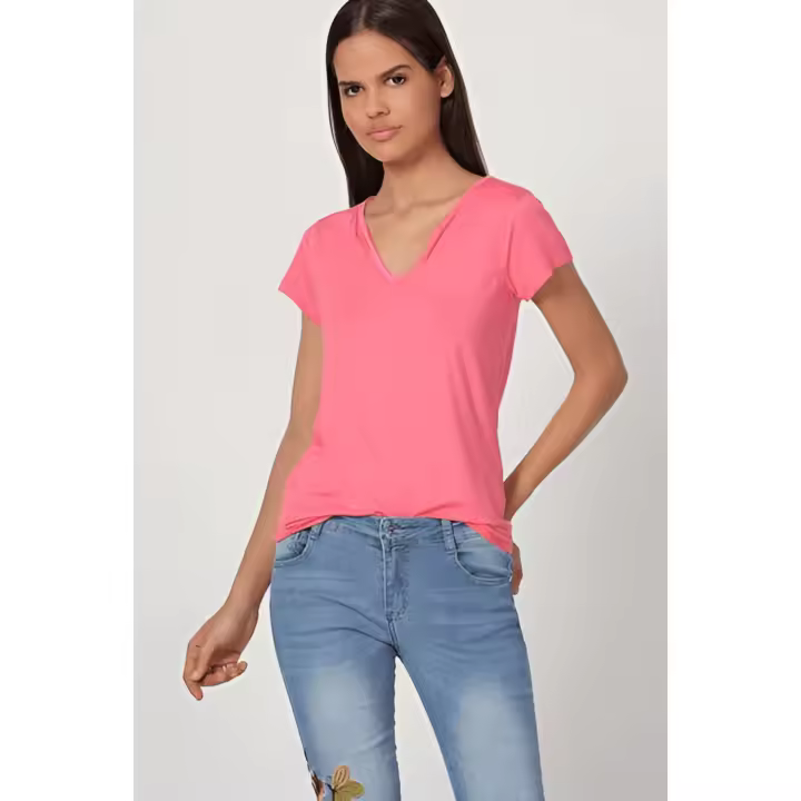 Top camiseta mujer, polo, blusa escote V fluido, manga corta, viscosa ligera, cómodo, estilo casual, color rosa, talla 36, fácil de combinar, ideal primavera verano ✅Entrega 24/48h - 1