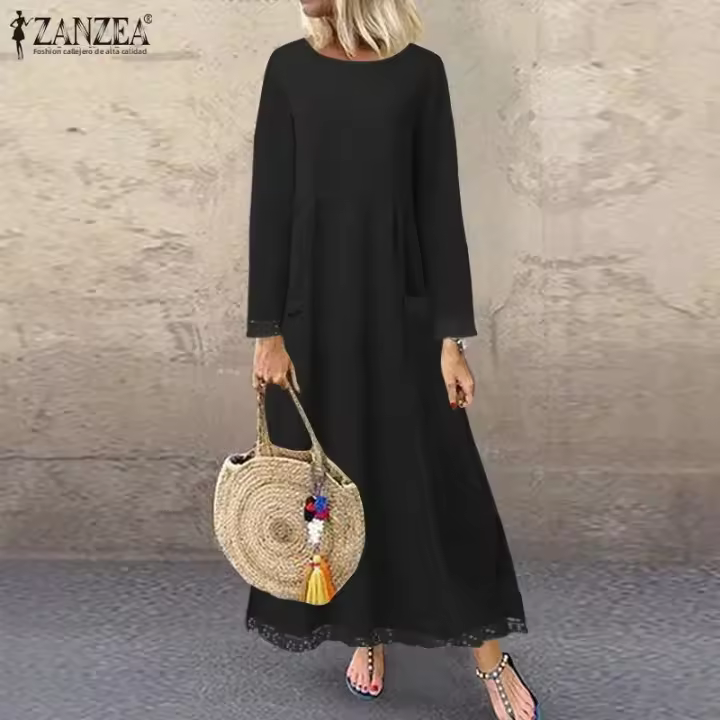 Vestido De Crochet De Encaje Otoño ZANZEA Para Mujer Invierno Pullover Con Cuello Redondo Manga Larga Suéter De Poliéster Acolchado Sundress De Pierna Larga Con Capucha Estilo Casual - 1