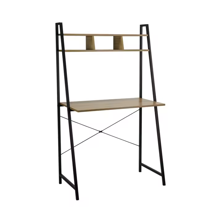 7house - Escritorio Oyam, Madera/Acero, Home Office, Sala Trabajo, Despacho, Oficina, 1 Estantería Organizadora, Diseño Industrial, Dimensiones 84x46x142cm (largo x ancho x alto), Roble/Negro - 1
