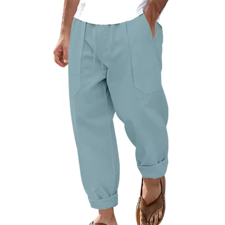 Pantalones de hombre de algodón y lino de estilo americano de talla grande, transpirables y absorbentes del sudor, de color sólido, pantalones casuales básicos de pierna ancha para hombre - 1
