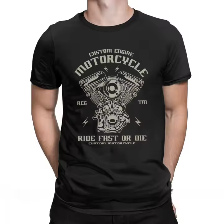 Camiseta De Motociclista Para Hombres Diseño Divertido Con Motor Y Palabras 'Ride Fast Or Die' Corta Manga Estilo Biker 100% Poliéster - 1
