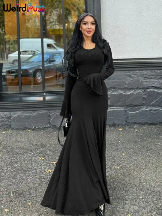 Vestido Elegante De Encaje Con Volantes Y Manga Acolchada Para Mujer Estilo Clásico Bodycon Ajustado Con Cierre De Lazo O-Neck Solido De Terciopelo Y Spandex Longitud De Piso - 1