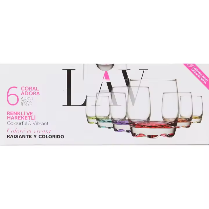 AMYMARK - Set de 6 Vasos de Cristal 290cc Colección Adora Coral - Duraderos y Versátiles - Aptos para Lavavajillas (LAV) - 1