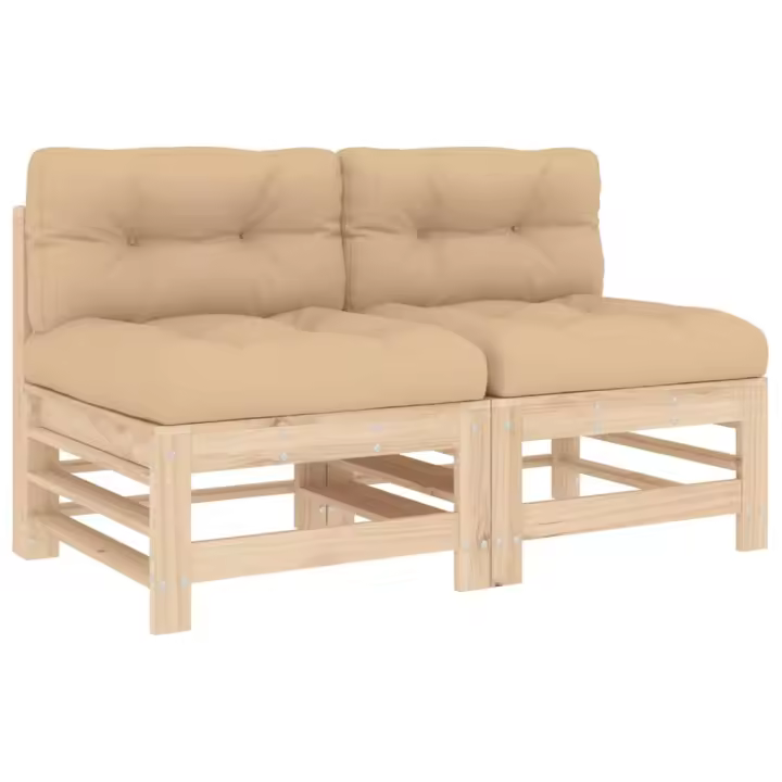 vidaXL Sofás centrales con cojines 2 uds madera maciza de pino Pino natural, Pino blanco, Pino gris Conjunto Terraza Muebles Jardín Exterior Juego de Muebles de jardín Mueble Jardín Exterior Muebles de Salon Exterior - 1