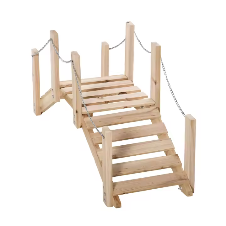 Outsunny Puente de Jardín de Madera con Pasamanos de Cadenas Metálicas Puente Decorativo para Estanque Carga 5 kg para Decoración Patio 100x32x48 cm Madera Natural - 1