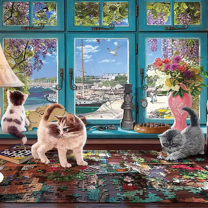 Rompecabezas De Papel Para Adultos 1000 Piezas 75x50cm Con Patrón De Gatos En Ventana Juguete Educativo De Entretenimiento Para Niños Y Adultos Alivio Del Estrés - 1