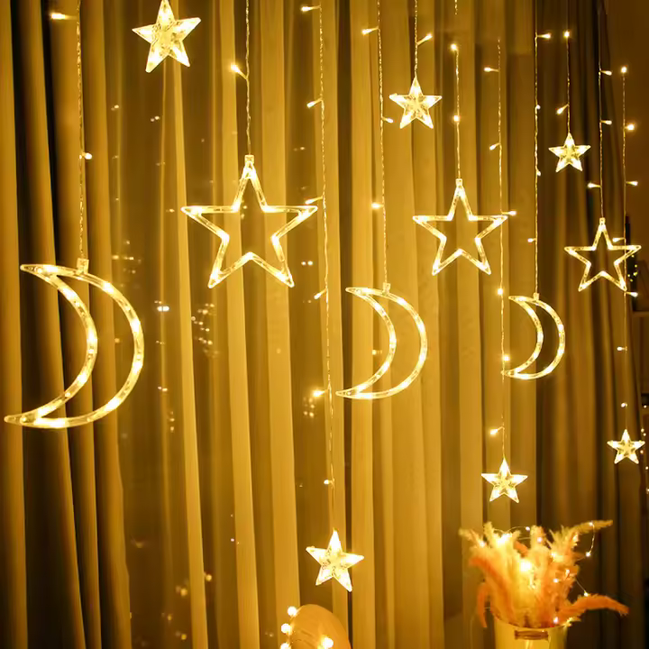 Cortina De LED De Luna Y Estrella 3.5M Para Decoración De Navidad Y Bodas Luz Faeira Para Jardín Exterior Y Hogar Romántica Y Encantadora - 1