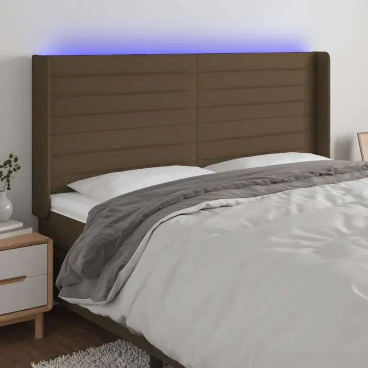 vidaXL Cabecero con LED de tela marrón oscuro 203x16x118/128 cm - 1