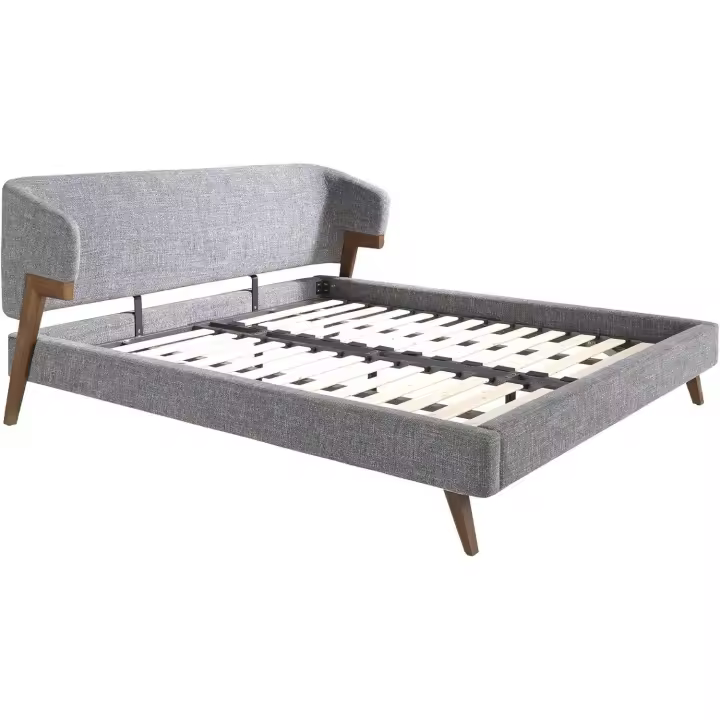 ANGEL CERDÁ - Cama Matrimonial Tapizada en Tela Gris con Cabecero y Patas de Nogal - Cama Doble Matrimonio Compatible con Colchón 180x200 cm - Diseño Moderno y Elegante - 211 x 220 x 95 cm - 1