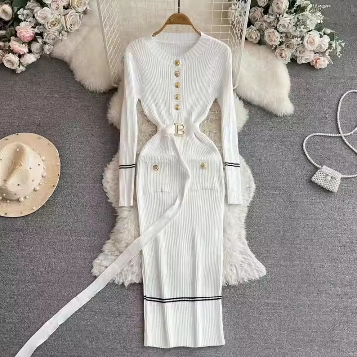 Vestido De Punto Para Mujer Estilo Office Lady Cuello En V Con Botones Y Cinturón Vestido Bodycon De Otoño E Invierno De Marca - 1