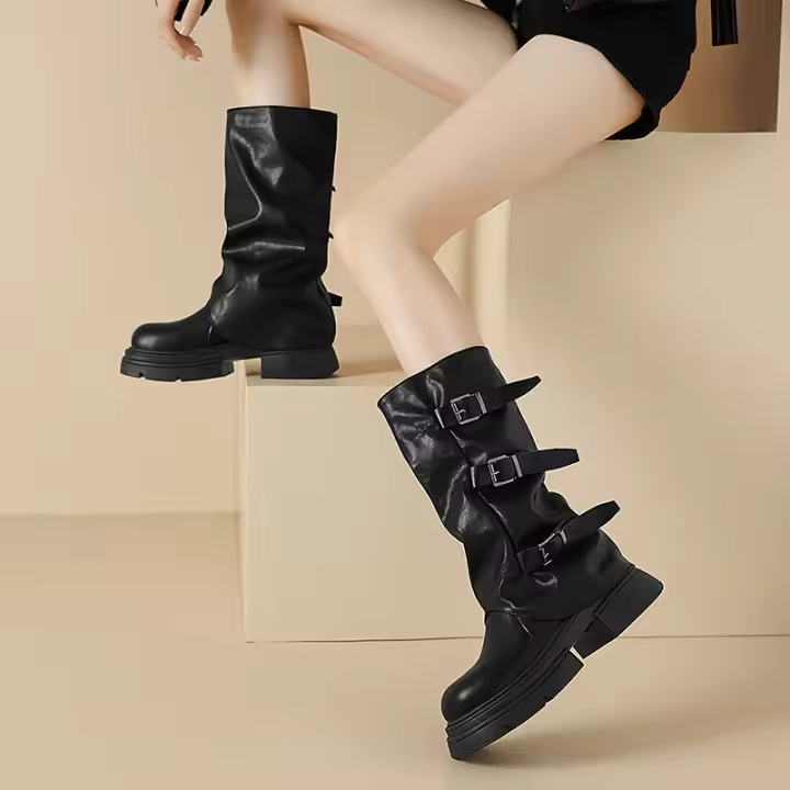Botas De Caballero Pliegues Con Hebilla Para Mujer Marrón De Cuero PU Botines De Media Pantorrilla Slip-On Tacón Grueso Botas De Montar Mujer 2024 - 1