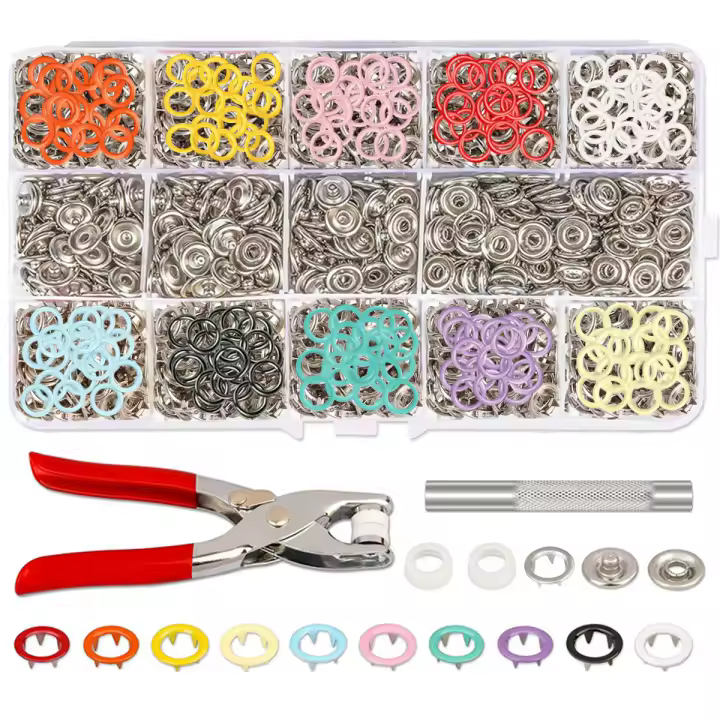 Botones a presión con alicates, juego de botones a presión de metal con herramienta para botones fijos, 200 juegos de botones a presión para manualidades de bricolaje, ropa infantil, bolsos de ropa, 9,5 mm, 10 colores - 1