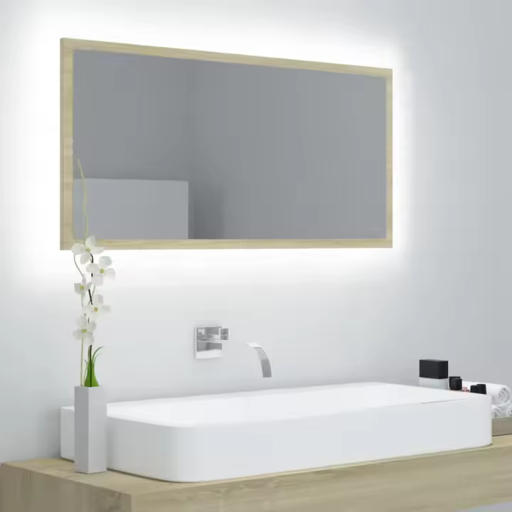 vidaXL Espejo de baño LED acrílico color roble Sonoma 90x8,5x37 cm - 1