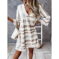 Vestido De Verano Para Mujer Con Cuello En V Y Lantejuelas Manga Larga Impresión Casual Vestido De Vacaciones De Pierna Larga - details 1
