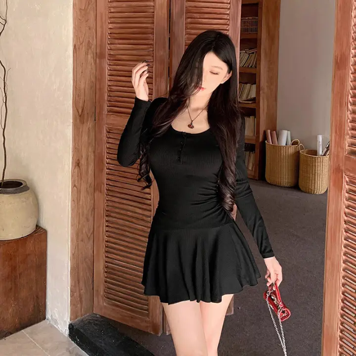 Vestido Corto A-Line Para Mujer Negro Gris U-Neck Plegado Slim Fit Estilo Coreano Vestido De Color Sólido Para Primavera - 1