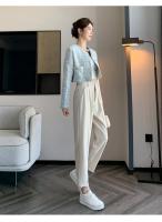 Pantalones De Trabajo Mujer Estilo Casual Cintura Alta Botones Talla Grande Color Caqui Largo Hasta El Tobillo Trasero Ancho - details 49