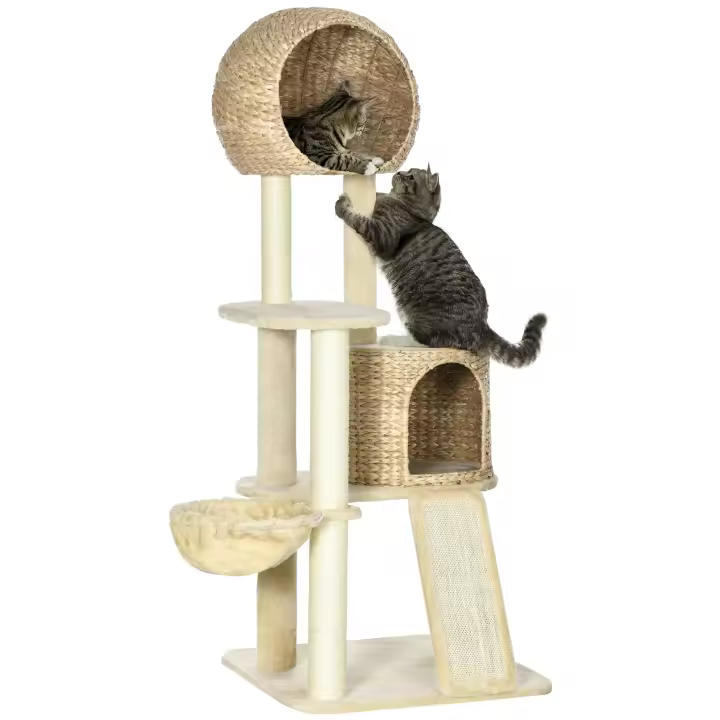 Pawhut Rascador para gatos, 150 cm, con casa para gatos, árbol trepador con hamaca, columna de sisal y rampa, rascador para gatos, árbol de juegos con protección para las puntas, felpa, color beige - 1