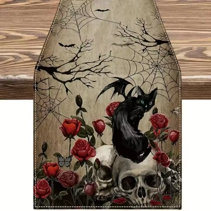 Mantelos De Lino Tejidos Con Estampado De Rosas Y Calaveras Para Decoración De Fiesta Del Día De Muertos Y Halloween Mantel Lavable Para Comedor De Casa Y Cocina - 1