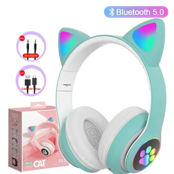 BIT Auriculares Bluetooth 5,0 Con Lámpara De Flash Y Orejas De Gato Para Niñas Soporte Tarjeta TF Micrófono Inalámstricos Regalo De Cumpleaños - 1