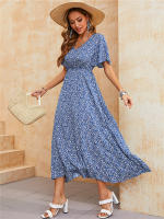 Vestido Bohemio Vintage De Verano Para Mujer Azul Con Cintura Elástica Estilo Casual Vestido De Playa Midi Con Mangas Butterflies - details 2