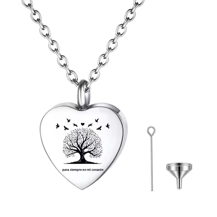 Collar Urna De Vida De Árbol Para Hombres Y Mujeres Joyería De Cremación Para Restos De Amados Recuerdo Locket De Urna De Corazón De Acero Inoxidable - 1