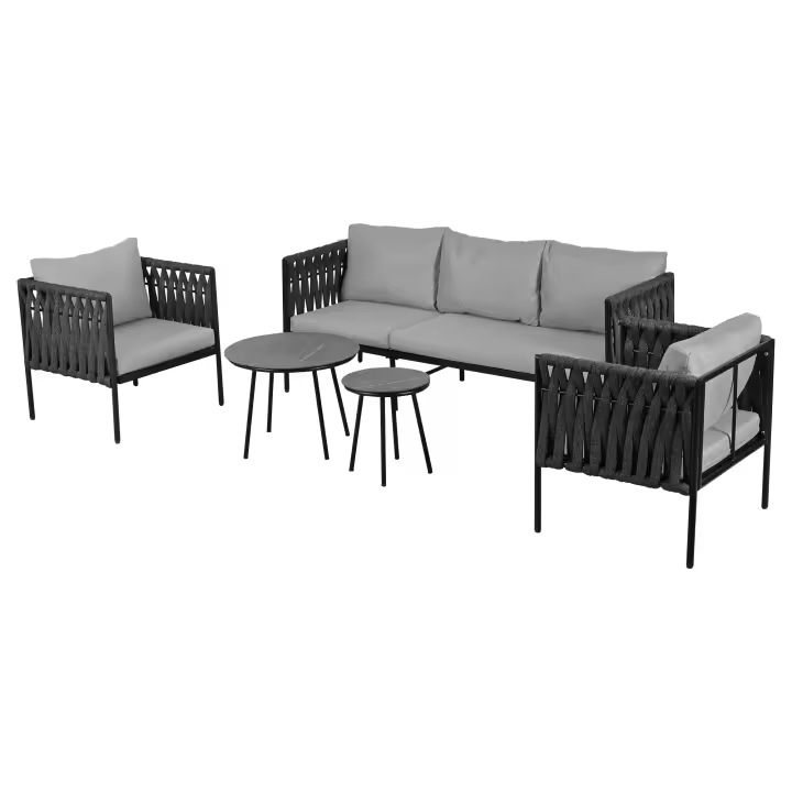 Conjunto chaise longue de Jardín, Conjunto de muebles de Jardín con cojines, de 3 plazas Sofá, 2 sillones Y 2 mesas de Centro, Red de Cuerda Gruesa, Tapa de cristal de Mármol, arco galvanizado, Gris - 1