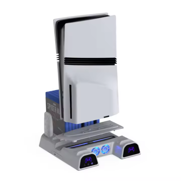 Soporte Vertical Multifunction para PS5/PS5 Slim/PS5 Pro | Base Refrigeración Activa 3 Velocidades + 5 Puertos USB 3,0 | Almacena 14 Juguetes Físicos y Discos Blu-ray | Carga Dual de Mandos Inalámbricos | Certificación oficial de compatibilidad total - 1