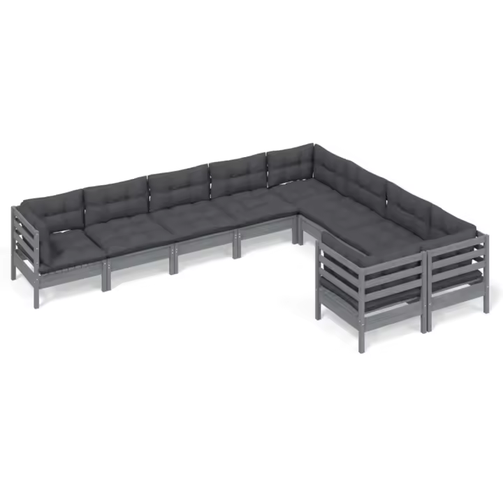 vidaXL Muebles de jardín 9 pzas y cojines gris madera de pino - 1