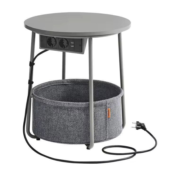 VASAGLE Mesa Auxiliar, Mesa Lateral Redonda con Tomas de Corriente, Cesta de Tela, Espaciosa, para Salón, Dormitorio, Mesita de Noche, Estilo Moderno, Verde Bosque y Blanco Crema/Negro Ébano y Gris Pizarra/Gris Paloma y Gris Pizarra/Blanco Mate y Marrón C - 1