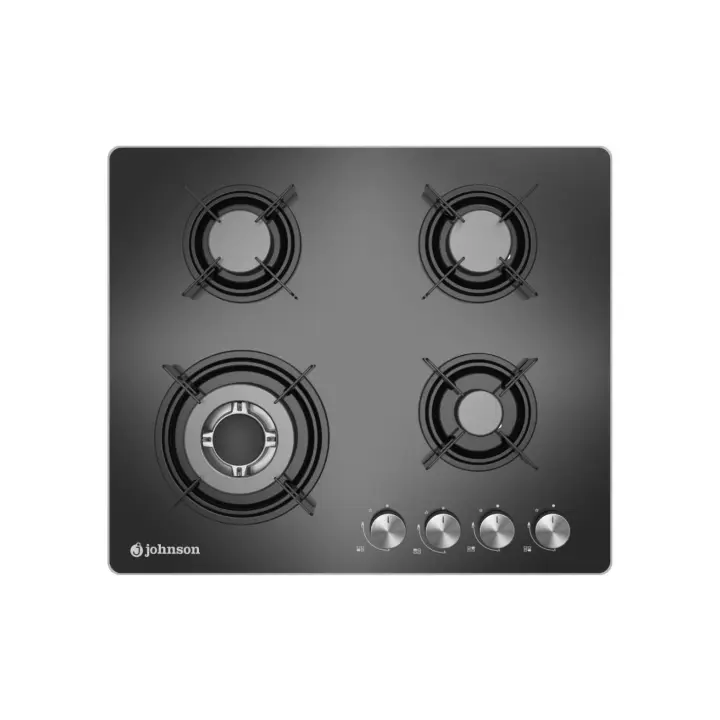 Meimon Encimera de Gas Johnson  de Cristal Negro con 4 Zonas de Cocción, Parrillas de Hierro Fundido Individuales, Autoencendido, Válvula de Seguridad, Mandos Plata, Preparada para Gas Butano con Kit de Conversión a Gas Natural Incluido (60x51 cm) - 1