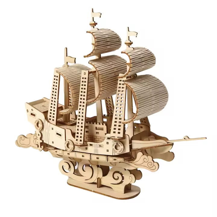DAM. Maqueta de Madera 3D, diseño de Barco de vela con movimiento mecánico. 83 piezas. 19x7x18cm. - 1