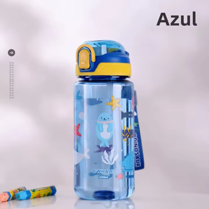 Botella De Agua Para Niños 600ml Con Palanca De Silicona Y Estilo Dinosaurio Resistente Al Desbordamiento Plástico Ecológico Para Verano - 1