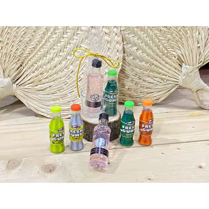 Lote de 10 miniaturas de bebida en chupito de cristal y botella de chicles para regalo con lazo - Detalles para invitados de Boda, comuniones, bautizos - 1
