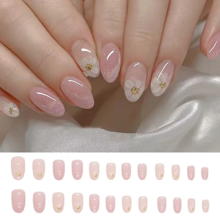 Juego De 24 Piezas De Uñas Postizas Rosas Con Brillo De Acrílico Almendra Pólvora De Plata Adornos Fáciles De Quitar Para Fiestas - 1