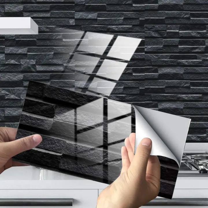 24 pegatinas decorativas rectangulares para azulejos de baño y cocina, decoración adhesiva 3D con patrón de mármol (mármol negro) - 1
