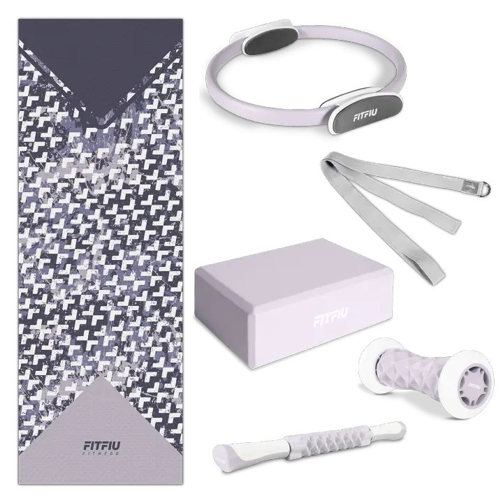 FITFIU Fitness KITWELL-601 - Pack de 6 Accesorios Yoga Pilates Color Lila Que Incluye Esterilla, aro, Bloque, masajeador de pie, Barra de Masaje y Correa de Yoga, Diseño único geométrico - 1