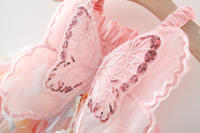 Vestido De Princesa Para Niñas Con Alas De Mariposa Grandes En El Escote Cintura Con Cordón Vestido De Colores Con Mariposa Para Fiesta Verano Sin Mangas Largo Hasta La Rodilla - details 6