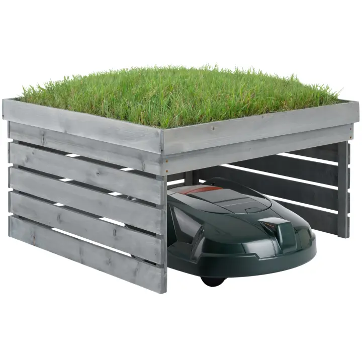 Tectake - Caseta de jardín para robot cortacésped Hortus, 84 x 78 x 46 cm, Gris, Garaje para cortacésped, Madera con techo plantable, Listones de pino tratados con tinte, Resistentes a la intemperie, Interior amplio, Caseta para accesorios de jardín - 1