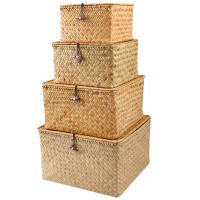 Juego De 4 Cestas De Paja Con Tapa Cestas De Almacenamiento De Paja Tejidas Organizador De Espacio Para Estante - details 2