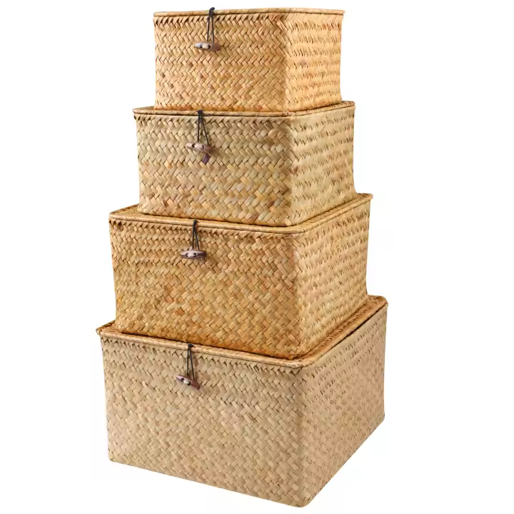 Juego De 4 Cestas De Paja Con Tapa Cestas De Almacenamiento De Paja Tejidas Organizador De Espacio Para Estante - 1