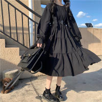Vestido Midi Negro Harajuku Japonés Para Mujer Estilo Gótico Con Aros Y Volantes Vestido Bandage Ajustable Vintage Traje De Cosplay De Manga Larga Y Corte Ancho - details 2