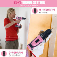 Destornillador inalámbrico de alta potencia, taladro eléctrico recargable, batería de litio, velocidad de 1400rpm, herramientas multifuncionales, taladro de impacto 25 + 1 par 21 V bolsa de diamante rosa juego integrado - details 7