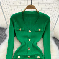 Vestido Midi De Punto REALEFT Para Mujer Con Cuello En V Manga Larga Y Falda Frontal Solta Estilo Casual Color Sólido Otoño Invierno - details 1