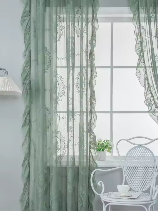 Cortinas Verdes Salvia Transparentes 52x63 Pulgadas 1 Panel Con Patrón De Hojas Bordadas Estilo Floral Voile Semi Transparente Para Sala De Estar - 1