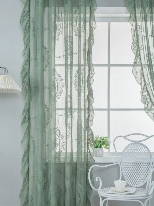 Cortinas Verdes Salvia Transparentes 52x63 Pulgadas 1 Panel Con Patrón De Hojas Bordadas Estilo Floral Voile Semi Transparente Para Sala De Estar - 1