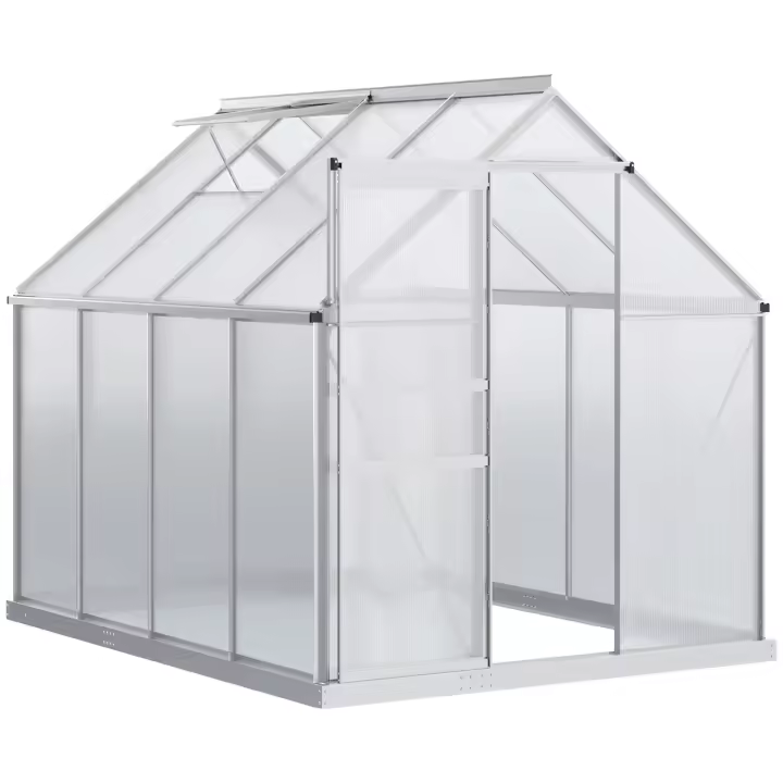 Outsunny Invernadero Policarbonato Aluminio de Jardín 190x253x199 cm 4,8m² Caseta de Exterior con Base Puerta Corredera y Tragaluce para Cultivo Plantas Semillas Transparente - 1