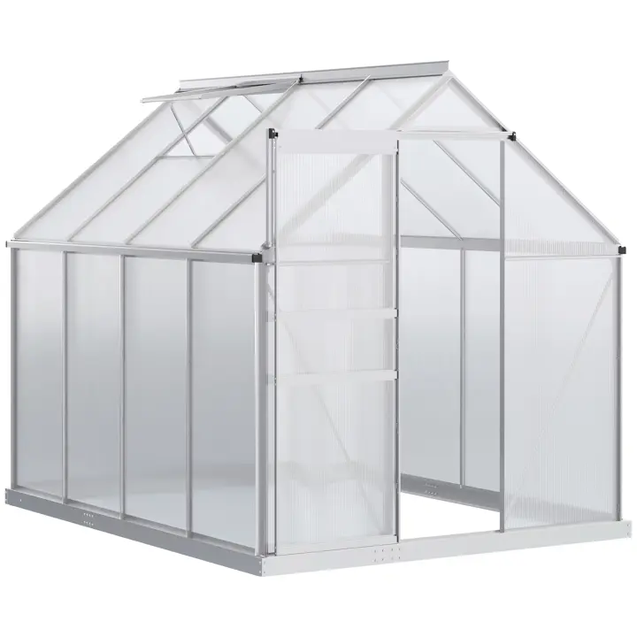Outsunny Invernadero Policarbonato Aluminio de Jardín 190x253x199 cm 4,8m² Caseta de Exterior con Base Puerta Corredera y Tragaluce para Cultivo Plantas Semillas Transparente - 1